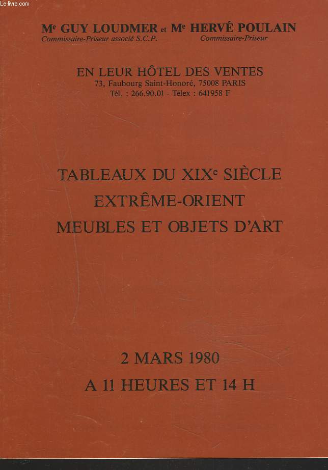 TABLEAU DU XIXe SIECLE, EXTREMEORIENT, MEUBLES ET OBJETS D'ART. VENTE LE 2 MARS 1980.