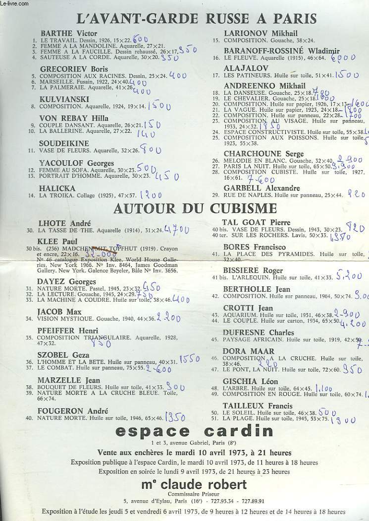 L'AVANT GARDE RUSSE A PARIS / AUTOUR DU CUBISME / PAYSAGISTES DU XIXe SIECLE. VENTE LE 10 AVRIL 1973.