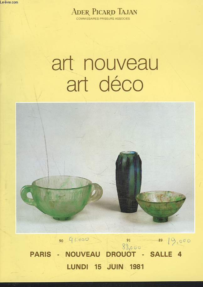 ART NOUVEAU. ART DECO. PUBLICITES, ARTS GRAPHIQUES, DESSIS, PEINTURES. CERAMIQUES. ART DU VERRE. SCULPTURES... LE 15 JUIN 1981.
