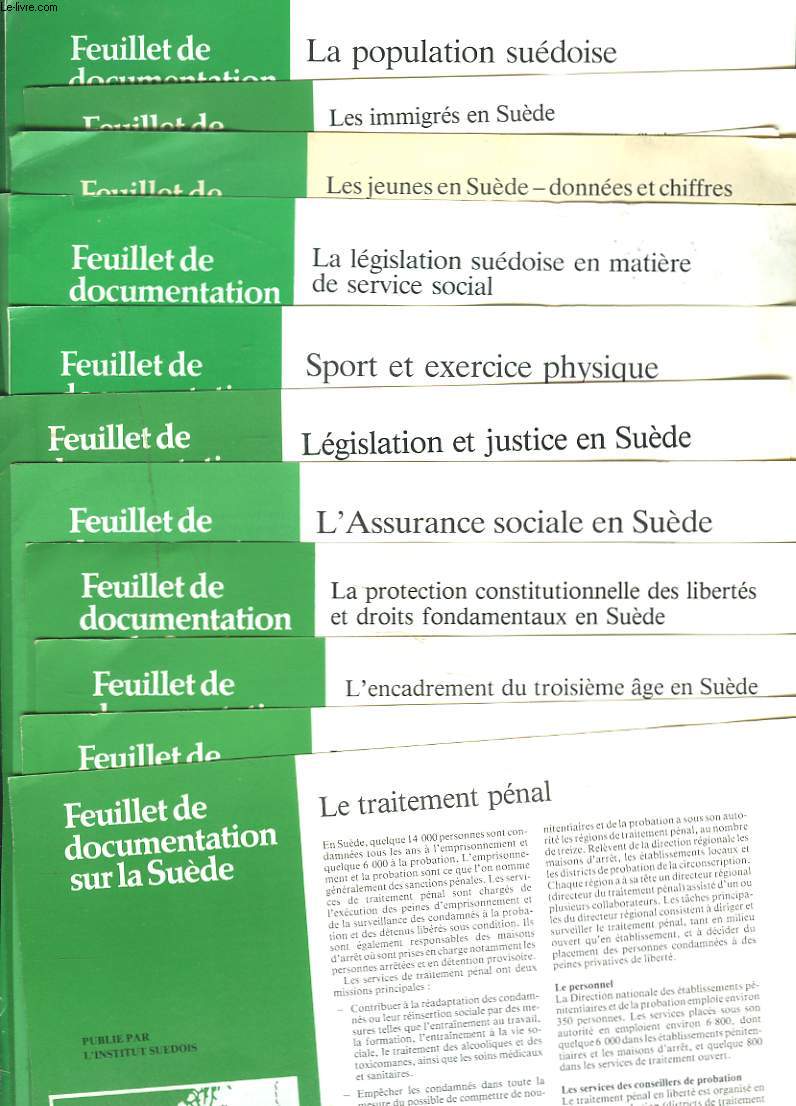 14 FICHES : FEUILLET DE DOCUMENTATION SUR LA SUEDE. LE TRAITEMENT PENAL / LA POLITIQUE DU MARCHE DU TRAVAIL / L'ENCADREMENT DU 3e AGE / L'ASSURANCE SOCIALE / LES IMMIGRES / LES JEUNES / L'EDUCATION DES ADULTES / ...