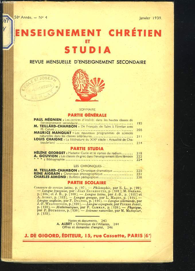 ENSEIGNEMENT CHRETIEN ET STUDIA, REVUE MENSUELLE D'ENSEIGNEMENT SECONDAIRE, 58e ANNEE, 1939.