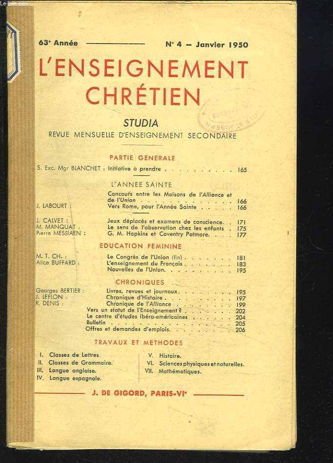 ENSEIGNEMENT CHRETIEN STUDIA, REVUE MENSUELLE D'ENSEIGNEMENT SECONDAIRE, 63e ANNEE, 1950.