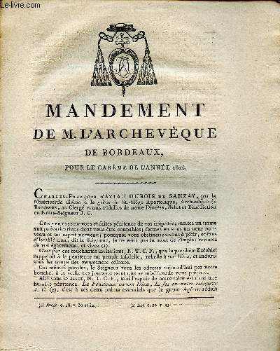 Mandement de M. l'Archevque de Bordeaux pour le carme de l'anne 1804