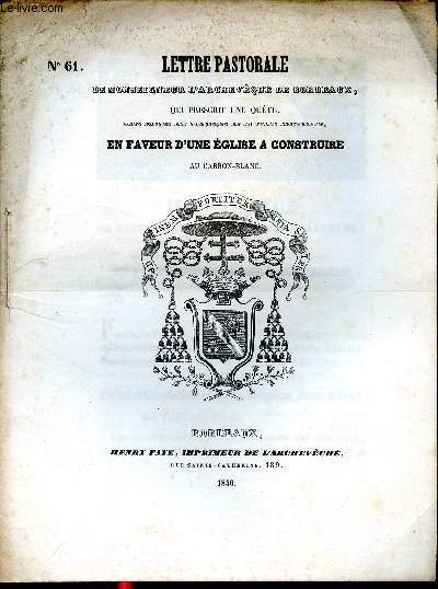 Lettre pastorale de Monseigneur l'Archevque de Bordeaux N 61