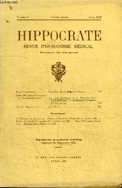 REVUE D'HUMANISME MEDICAL : HIPPOCRATE - N4 - SIXIEME ANNEE AVRIL 1938