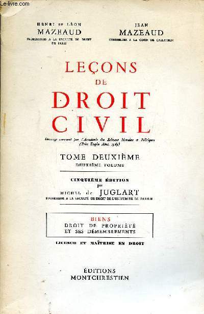 Leons de droit civil Tome deuxime 2 volume 5 dition par De Juglart Michel
