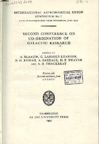 Second conference on co-ordination of galactic research Collection International astronomical union symposium N7 held at saltsjbaden near Stockholm, June 1957 Sommaire: The galaxy; The magellanic clouds; Spiral structure ...