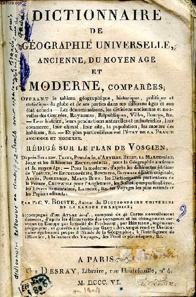 Dictionnaire de gographie universelle, ancienne, du Moyen-Age et moderne, compares rdig sur le plan de Vosgien
