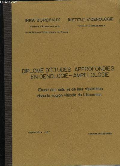 DIPLOME D'ETUDES APPROFONDIES EN OENOLOGIE AMPELOLOGIE