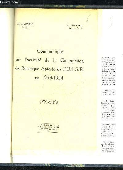COMMUNIQUE SUR L'ACTIVITE DE LA COMMISSION DE BOTANIQUE APICOLE DE L'U.I.S.B EN 1953-1954