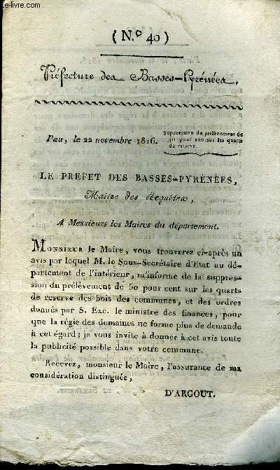 PREFECTURE DES BASSES PYRENEES N40 - PAU LE 22 NOVEMBRE 1816.
