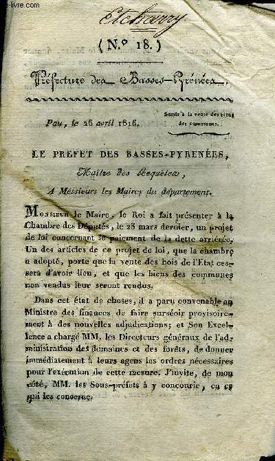 PREFECTURE DES BASSES PYRENEES N18 - PAU LE 26 AVRIL 1816.