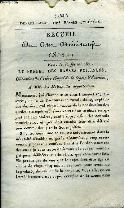RECUEIL DES ACTES ADMINISTRATIFS N51 DEPARTEMENT DES BASSES PYRENEES - MAU LE 13 FEVRIER 1821.