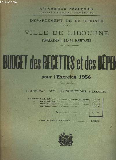 BUDGET DES RECETTES ET DEPENSES POUR L'EXERCICE 1956 - VILLE DE LIBOURNE