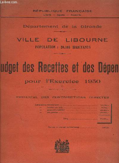 BUDGET DES RECETTES ET DEPENSES POUR L'EXERCICE 1950 - VILLE DE LIBOURNE