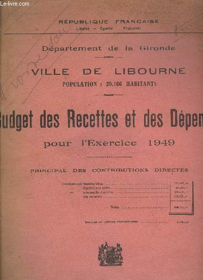 BUDGET DES RECETTES ET DEPENSES POUR L'EXERCICE 1949 - VILLE DE LIBOURNE