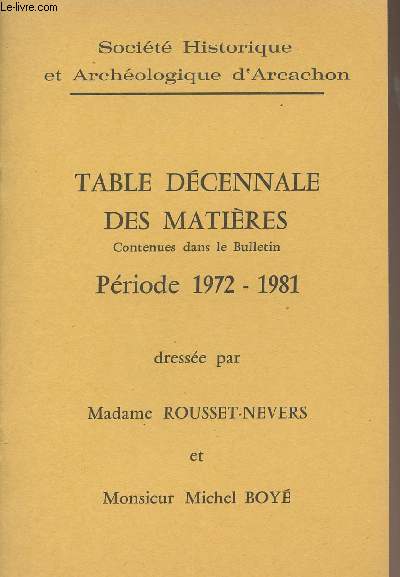 Table dcennale des matires contenues dans le Bulletin - Priode 1972-1981 drsse par Madame Rousset-Nevers et Monsieur Michel Boy