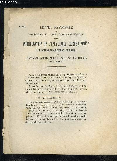 LETTRE PASTORALE N 78 DE SON EMINENCE LE CARDINAL-ARCHVEQUE DE BORDEAUX PORTANT PROMULGATION DE L'ENCYCLIQUE 