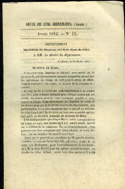 RECUEIL DES ACTES ADMINISTRATIFS (GIRONDE) N13 - Oprations tlu tirage au sort de la classe de 1851.