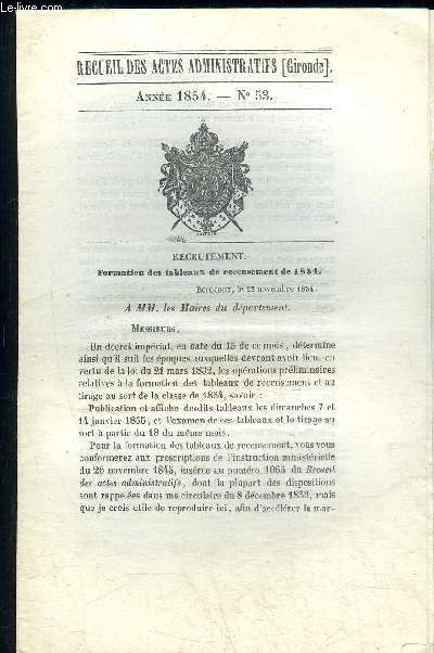 RECUEIL DES ACTES ADMINISTRATIFS (GIRONDE) N53 - FORMATION DES TABLEAUX DE RECENSEMENT DE 1854
