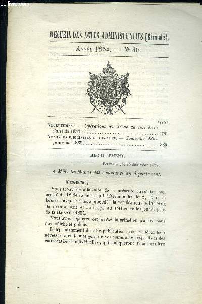 RECUEIL DES ACTES ADMINISTRATIFS (GIRONDE) N60 - OPERATIONS DU TIRAGE AU SORT DE LA CLASSE DE 1854 - JOURNAUX DESIGNES POUR 1855