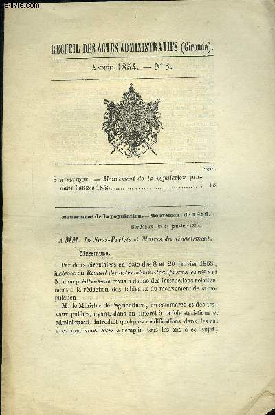 RECUEIL DES ACTES ADMINISTRATIFS (GIRONDE) N3 - STATISTIQUE MOUVEMENT DE LA POPULATION PENDANT L'ANNEE 1853