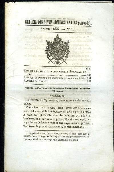 RECUEIL DES ACTES ADMINISTRATIFS (GIRONDE) N48 - CONCOURS D'ANIMAUX DE BOUCHERIE A BORDEAUX EN 1856 - CONCOURS D'ANIMAUX DE BOUCHERIE A POISSY EN 1856 - CULTURE DU TABAC