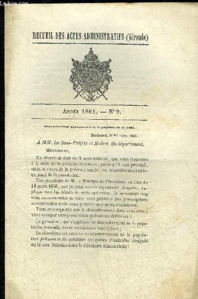 RECUEIL DES ACTES ADMINISTRATIFS (GIRONDE) N9 - DENOMBREMENT QUINQUENNAL DE LA POPULATION DE 1861