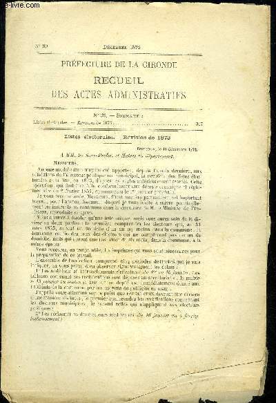 PREFECTURE DE LA GIRONDE RECUEIL DES ACTES ADMINISTRATIFS N 39 - LISTES ELECTORALES REVISIONS DE 1873