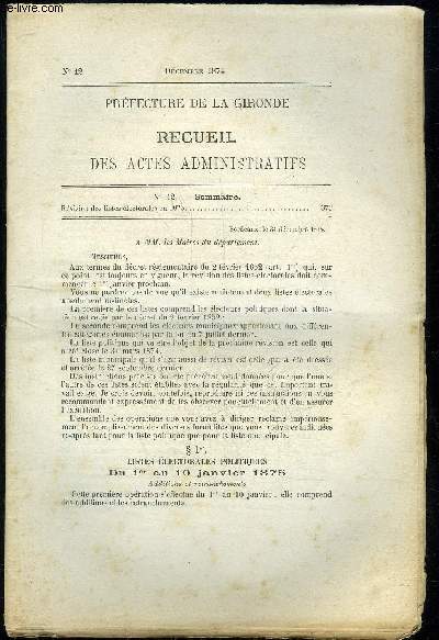 PREFECTURE DE LA GIRONDE RECUEIL DES ACTES ADMINISTRATIFS N 42 - REVISION DES LISTES ELECTORALES EN 1875