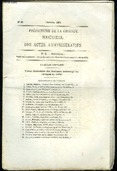PREFECTURE DE LA GIRONDE RECUEIL DES ACTES ADMINISTRATIFS N 40 - MAGISTRATS CONSULAIRES - LISTES ELECTORALES DES ELECTEURS COMMERCANTS, REVISEES EN 1875