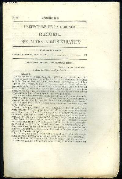 PREFECTURE DE LA GIRONDE RECUEIL DES ACTES ADMINISTRATIFS N 42 - REVISION DES LISTES ELECTORALES EN 1876