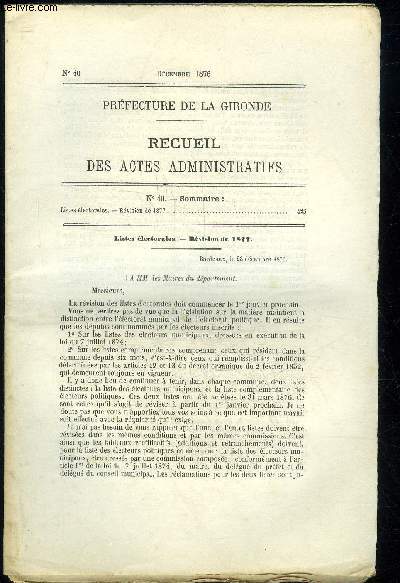 PREFECTURE DE LA GIRONDE RECUEIL DES ACTES ADMINISTRATIFS N 40 - LISTES ELECTORALES - REVISION DE 1877