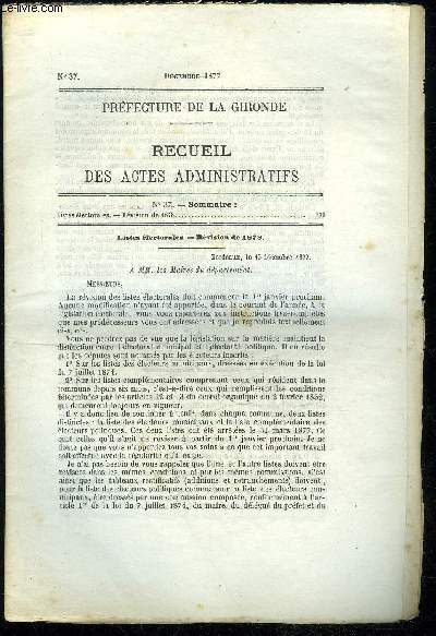 PREFECTURE DE LA GIRONDE RECUEIL DES ACTES ADMINISTRATIFS N 37 - LISTES ELECTORALES - REVISION DE 1878