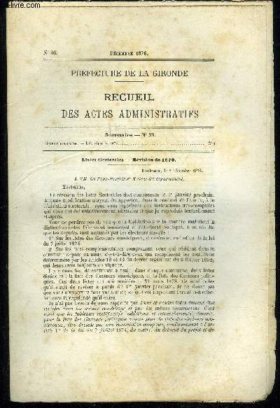 PREFECTURE DE LA GIRONDE RECUEIL DES ACTES ADMINISTRATIFS N 36 - LISTES ELECTORALES - REVISION DE 1879