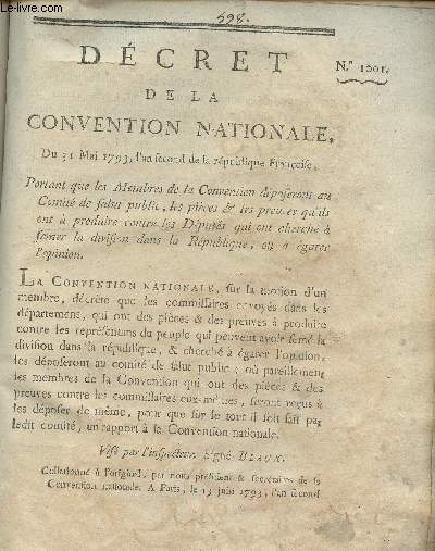 Dcret de la Convention Nationale, n1001 - Du 31 mai 1793, l'an second de la Rpublique franoise,