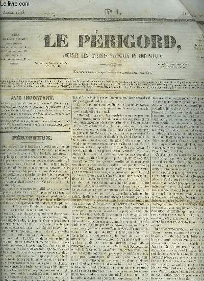 LE PERIGORD JOURNAL DES INTERETS NATIONAUX ET PROVINCIAUX N1 ANNEE 1843 - Prigueux - Fnlon - extrieur Espagne - Intrieur Paris - correspondance particulire du Prigord Paris le 29 dcembre 1842 affaire Marcellange cour d'assises du Rhne etc.