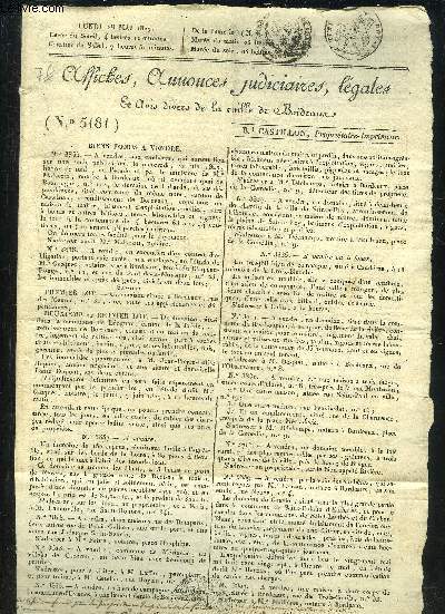 UNE AFFICHE ANNONCES JUDICIAIRES LEGALES ET AVIS DIVERS DE LA VILLE DE BORDEAUX N5181 - LUNDI 28 MAI 1827.