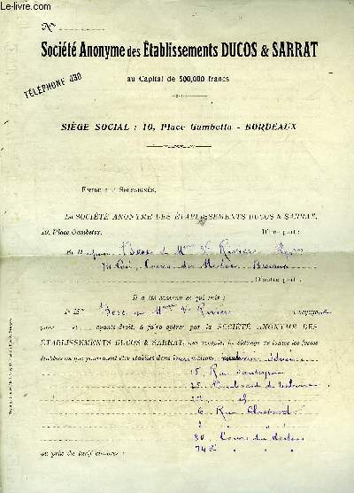 UNE LETTRE DE LA SOCIETE ANONYME DES ETABLISSEMENTS DUCOS & SARRAT BORDEAUX - DATANT DE 1917.
