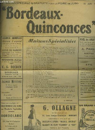BORDEAUX QUINCONCES 2ME EDITION SPECIALE & GRATUITE POUR LA FOIRE DE JUIN - 15 JUIN 1948.