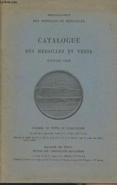 Catalogue des mdailles en vente - Edition 1950 - Administration des monnaies et mdailles