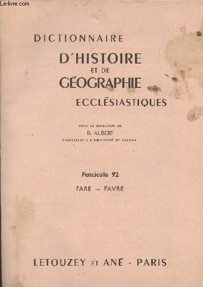 Dictionnaire d'histoire et de gographie ecclsiastiques - Fascicule 92 - Fare - Fabre
