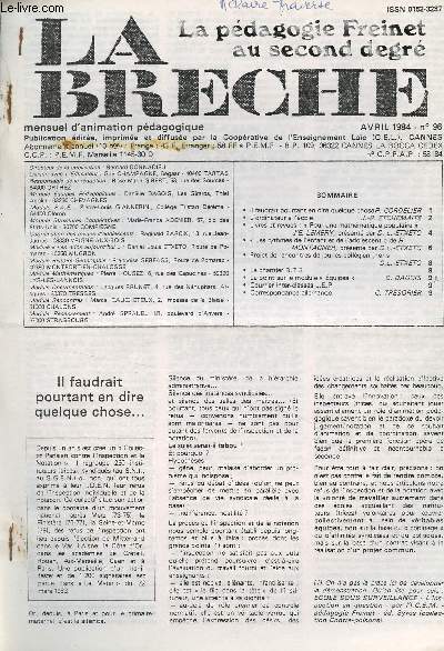 La Brche, La pdagogie Freinet au second degr - N96 avril 1984 - Il faudrait pourtant en dire quelque chose - L'ordinateur  l'cole - Livres et revues : 
