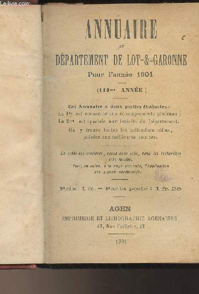 Annuaire du dpartement de Lot-et-Garonne pour l'anne 1901 - (111e anne)