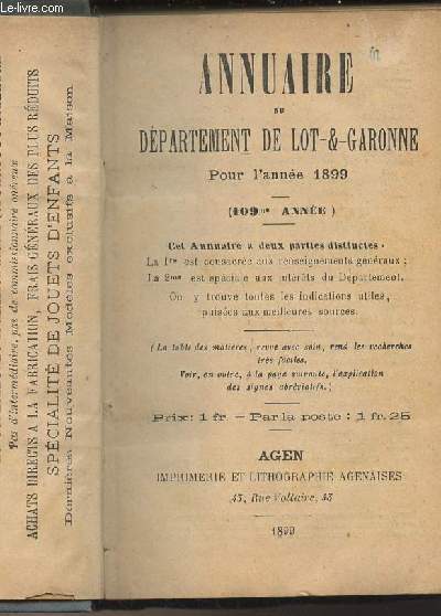 Annuaire du dpartement de Lot-et-Garonne pour l'anne 1899 - (109e anne)