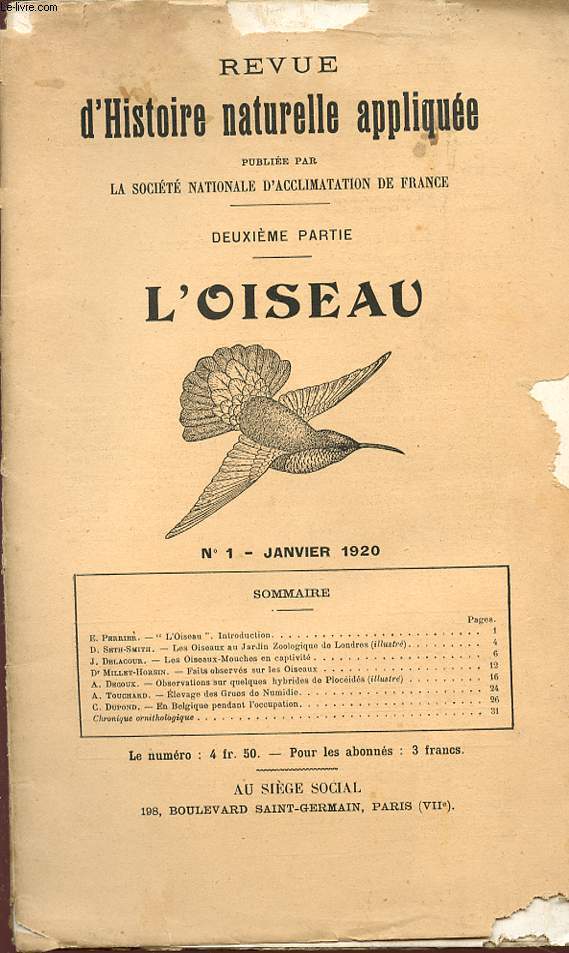 REVUE D'HISTOIRE NATURELLE APPLIQUEE - Deuxime partie - L'OISEAU - N 1 - JANVIER 1920.