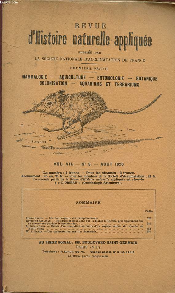 REVUE NATURELLE APPLIQUEE - Premire partie - Mammalogie, Aquiculture, Entomologie, Botanique, Colonisation, Aquariums et terrariums - VOL. VII - N 8 - Aout 1926