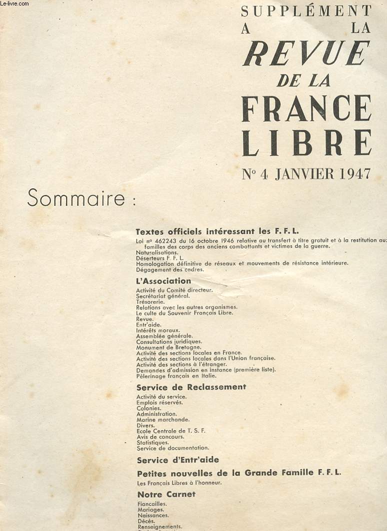 REVUE DE LA FRANCE LIBRE - N4 - SUPPLEMENT - JANVIER 1947.