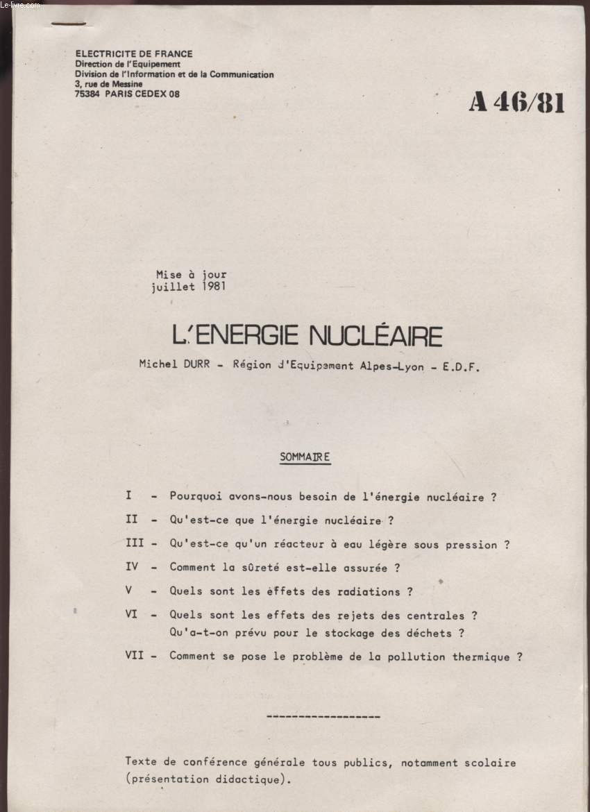 L'ENERGIE NUCLEAIRE - A46/81.