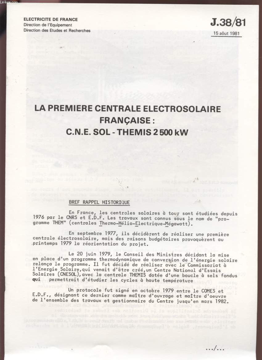 LA PREMIERE CENTRALE ELECTROSOLAIRE FRANCAISE / C.N.E.SOL - THEMIS 2500kW - 15 AOUT 1981 - J38/81.